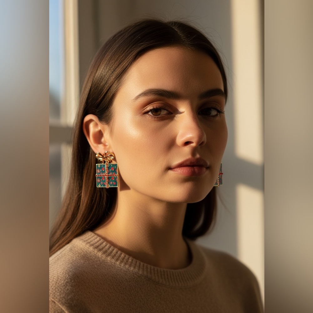 Gold-Tone Time Presents Gift Box Drop Earrings